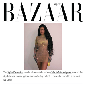 Kylie Jenner wearing Gelareh Mizrahi Yellow Python Micro Mini Bag FEATURED IN Harper's Bazaar