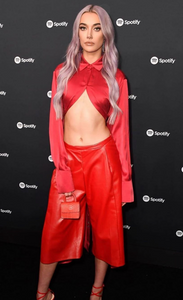 Olivia O'Brien wearing Gelareh Mizrahi Red Python Micro Mini Bag at Spotify Awards