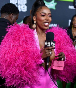 KashDoll wearing Gelareh Mizrahi Neon Pink Python Micro Mini Bag at the 2019 BET Hip Hop Awards