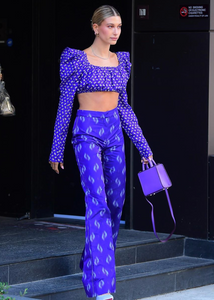 Hailey Bieber wearing Gelareh Mizrahi Purple Leather Double Handle Bag