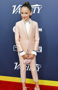 Julia Butters wearing Gelareh Mizrahi Pink Micro Mini Pearl Chain Bag