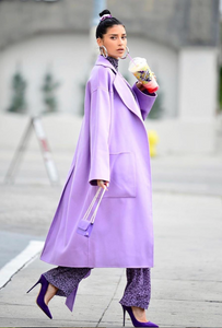 Nicole Williams wearing Gelareh Mizrahi Purple Leather Micro Mini Pearl Chain Bag